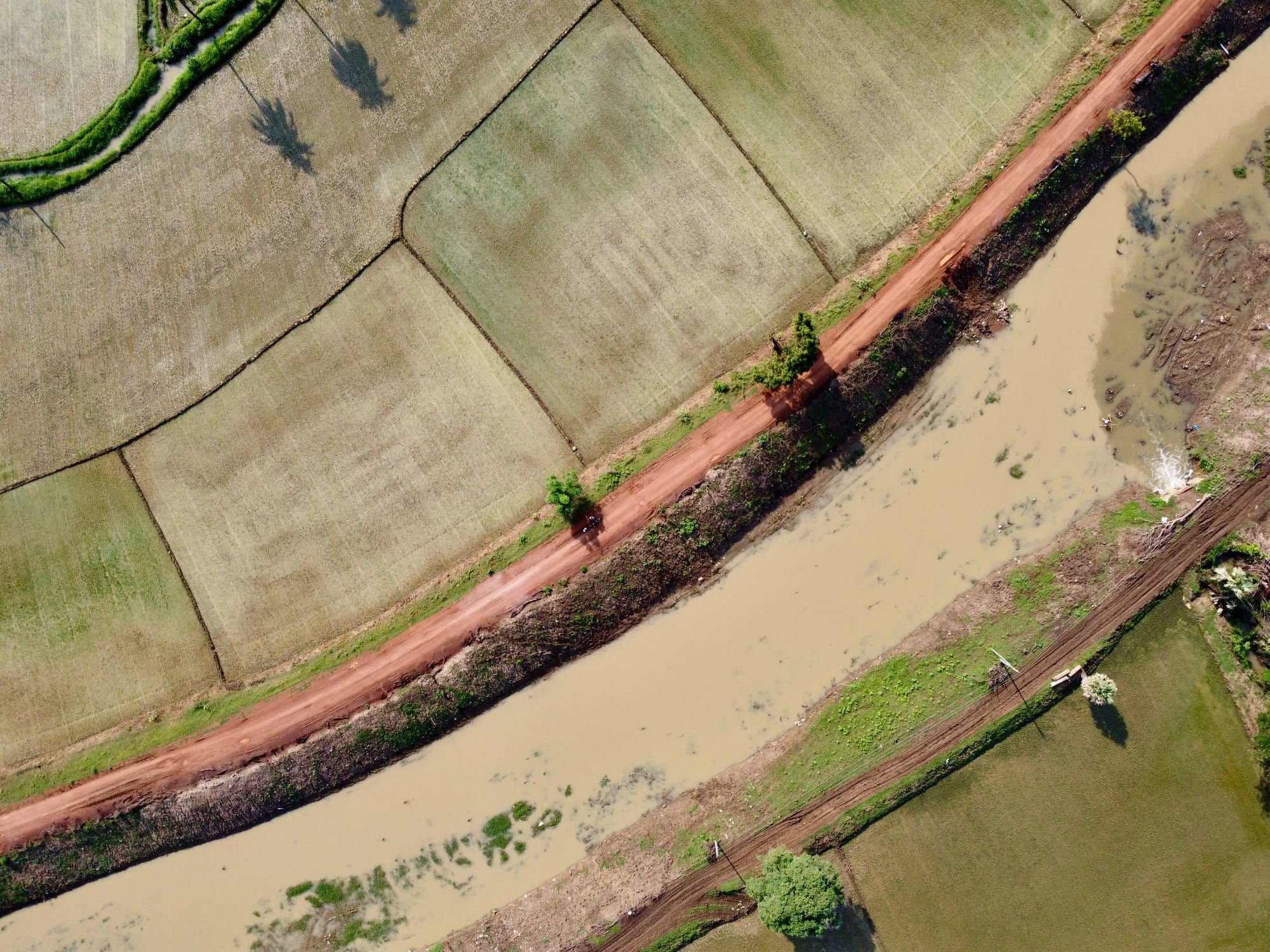 Irrigation canal and green fields nearby